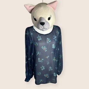 🌺 LARGE ZAC + RACHEL NAVY BLUE FLORAL SHEER BALLOON SLEEVE BLOUSE